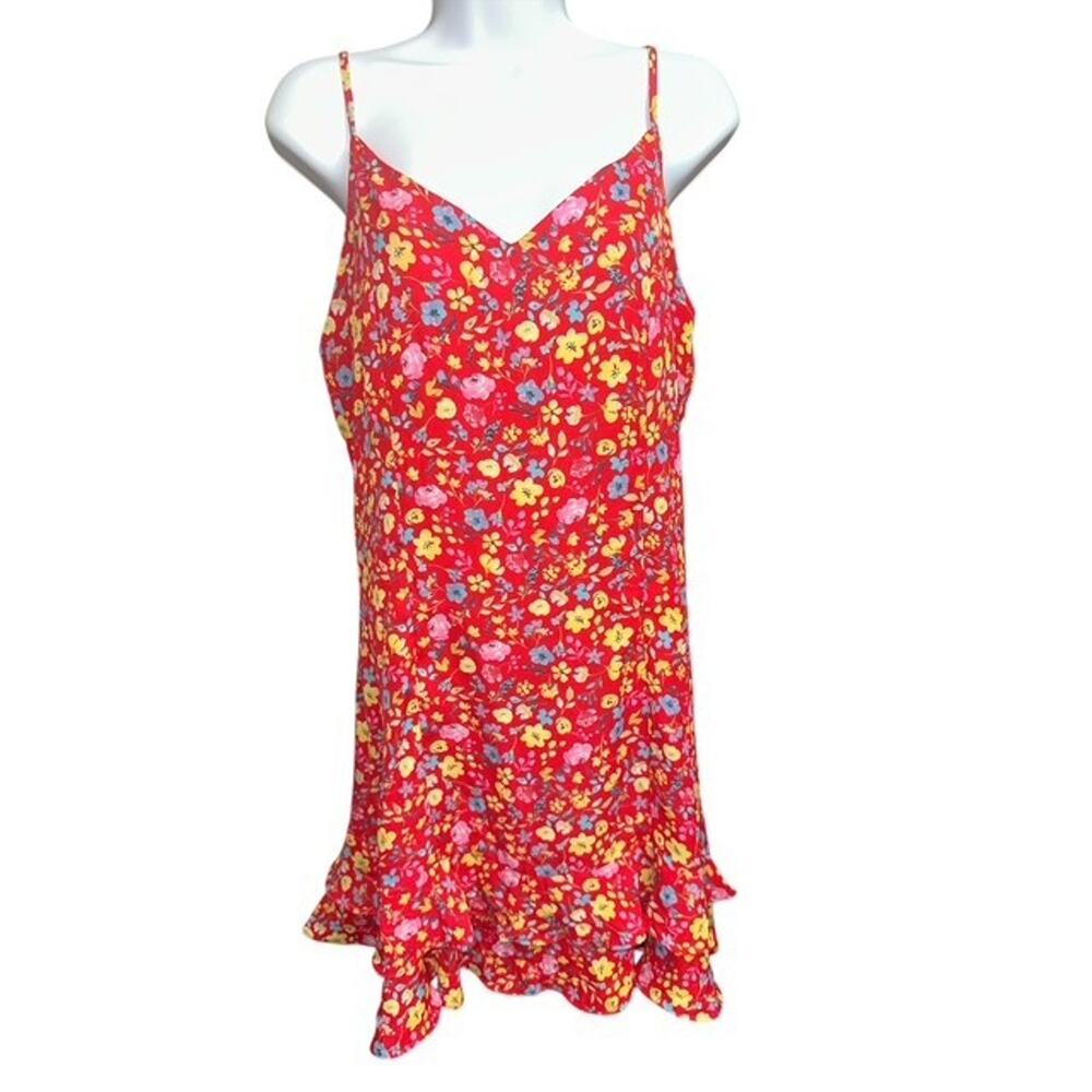 A...Love Story Medium Dress Red Yellow Floral Sundress Ruffles Adjustable Straps